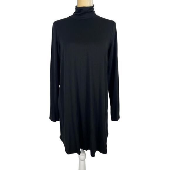 Eileen Fisher Tencel Jersey Knit Turtleneck Tunic Dress Black Small Long Sleeve - Picture 1 of 10